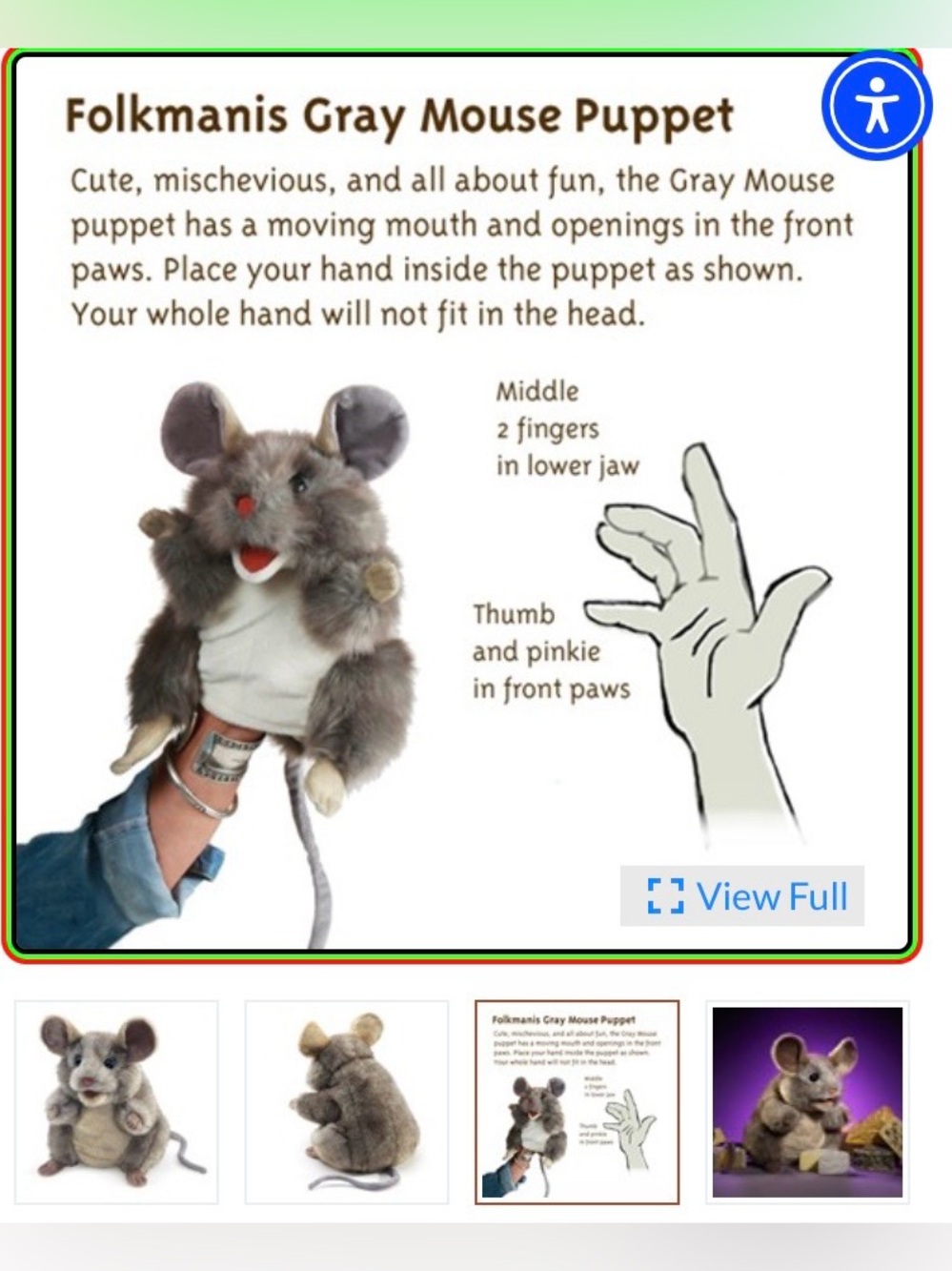 New Folkmanis Grey Mouse Puppet Plush Stuffed Animal Storytelling Animation - Picture 12 of 13